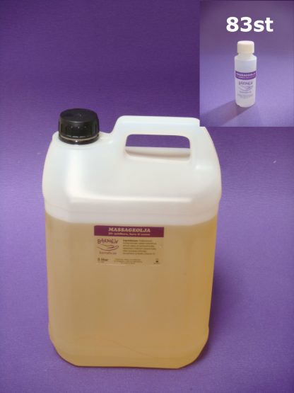 Massageolja 5 liter dunk och 83 st 60 ml tomflaskor med etikett